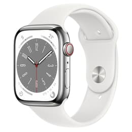 Apple Watch (Series 8) 2022 GPS + Cellular 45 - Stainless steel Silver - Sport band White