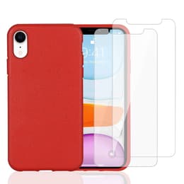 Case iPhone XR and 2 protective screens - Natural material - Red