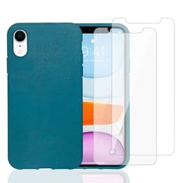 Case iPhone XR and 2 protective screens - Natural material - Blue