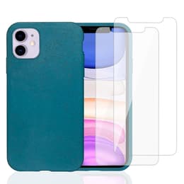 Case iPhone 11 and 2 protective screens - Natural material - Blue