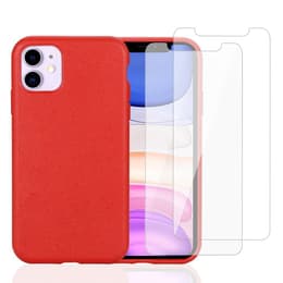 Case iPhone 11 and 2 protective screens - Natural material - Red