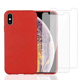 Case iPhone X/iPhone XS and 2 protective screens - Natural material - Red